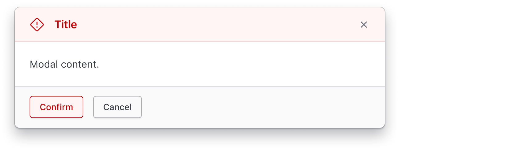 A critical modal, the heading is dark red with a light red background and the primary button in the footer is also red.